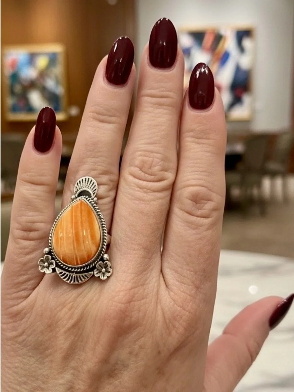 Sterling Silver genuine Orange spiny oyster Teardrop Statement Ring.